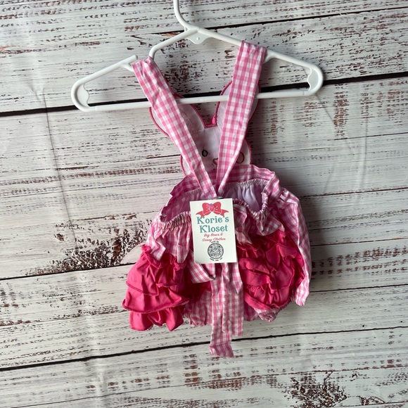 Korie’s Kloset // Pink Gingham Easter Bunny Romper with Tie Back and Ruffle Butt - Picture 3 of 4